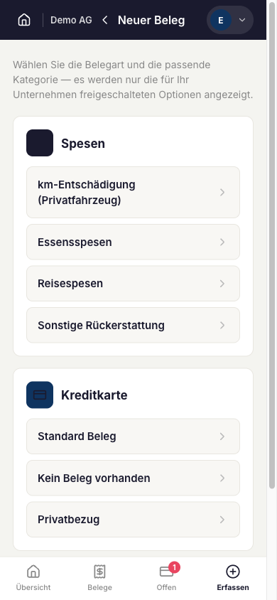 Screenshot der Belegart-Auswahl